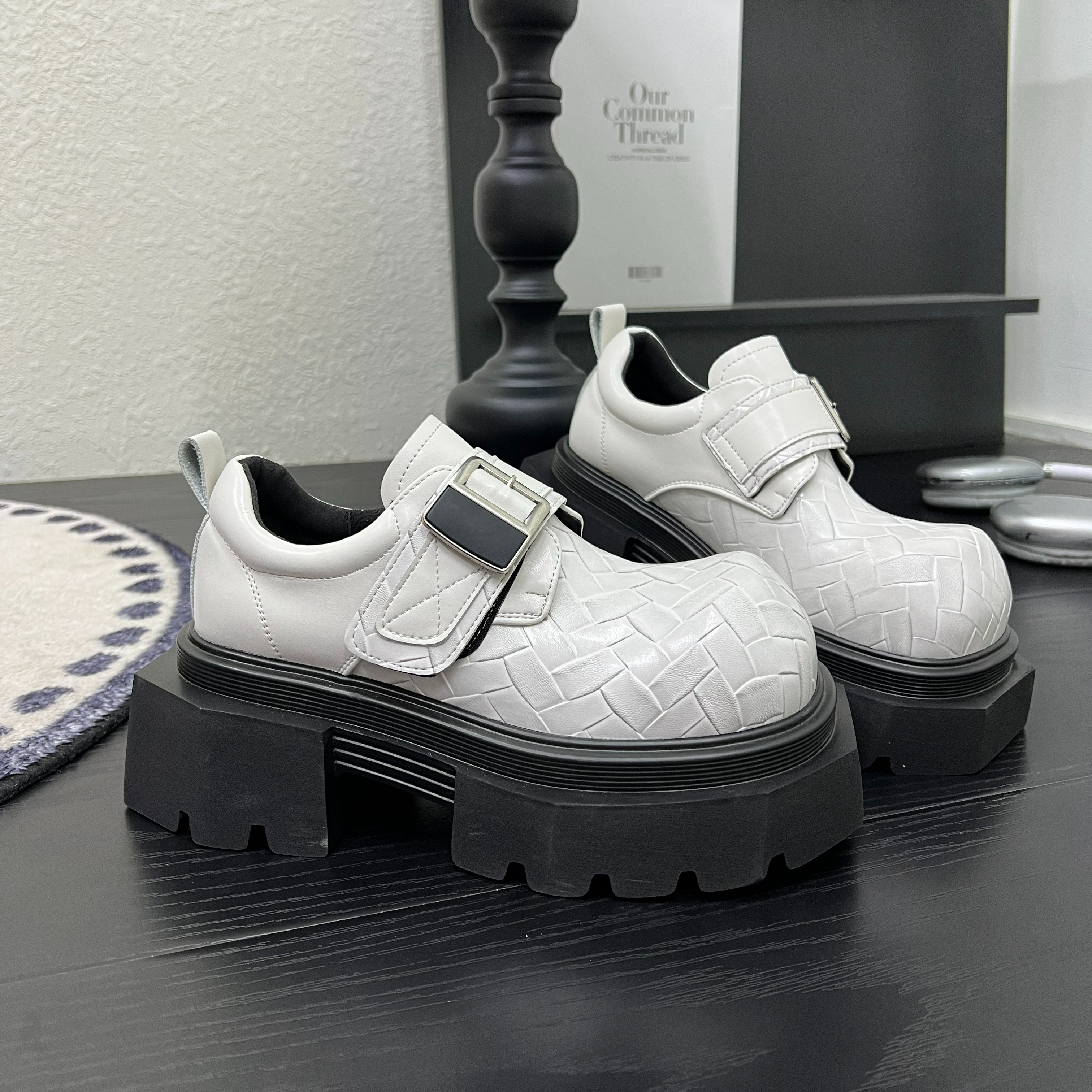 欧洲站真皮厚底增高大头乐福鞋女爆款编织魔术贴英伦风小皮鞋单鞋