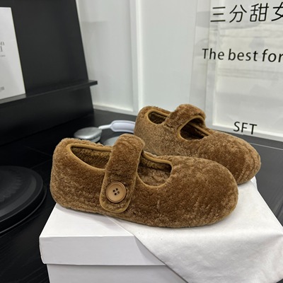 韩版魔术贴羊毛平底浅口玛丽珍女2025年百搭圆头减龄内增高毛毛鞋