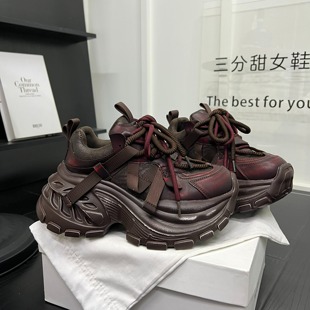 轻便运动单鞋 百搭休闲鞋 潮 女2026爆款 炸街真皮拼色厚底增高老爹鞋