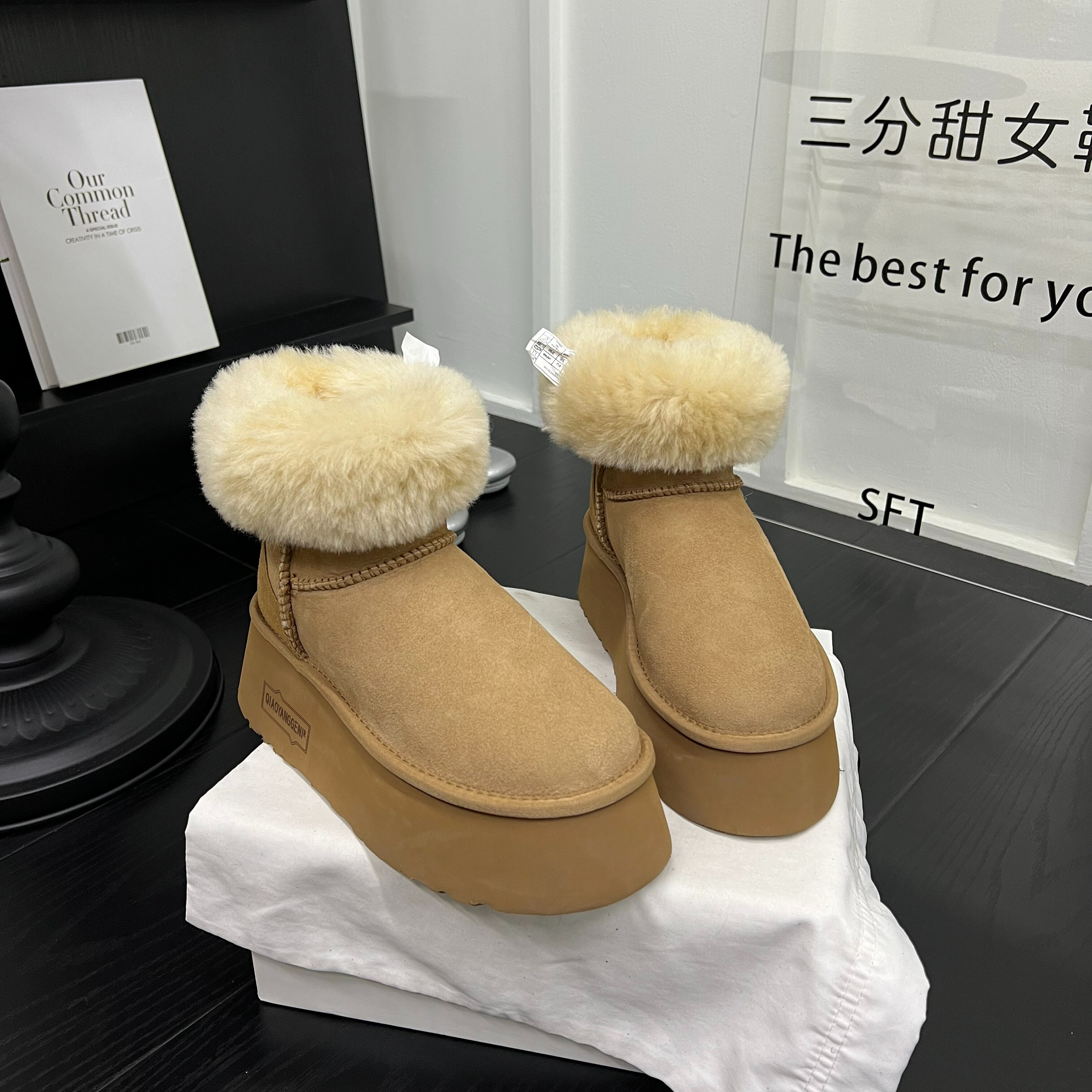 大羊毛口厚底增高6cm雪地靴女可两穿纯色时尚休闲一脚蹬加绒棉靴