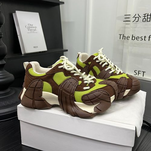 网红同款真皮网面厚底增高老爹鞋女2026拼色百搭运动休闲鞋单鞋潮