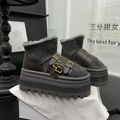 欧货真皮松糕厚底皮带扣雪地靴女2025年新款英伦风短靴一脚蹬棉靴