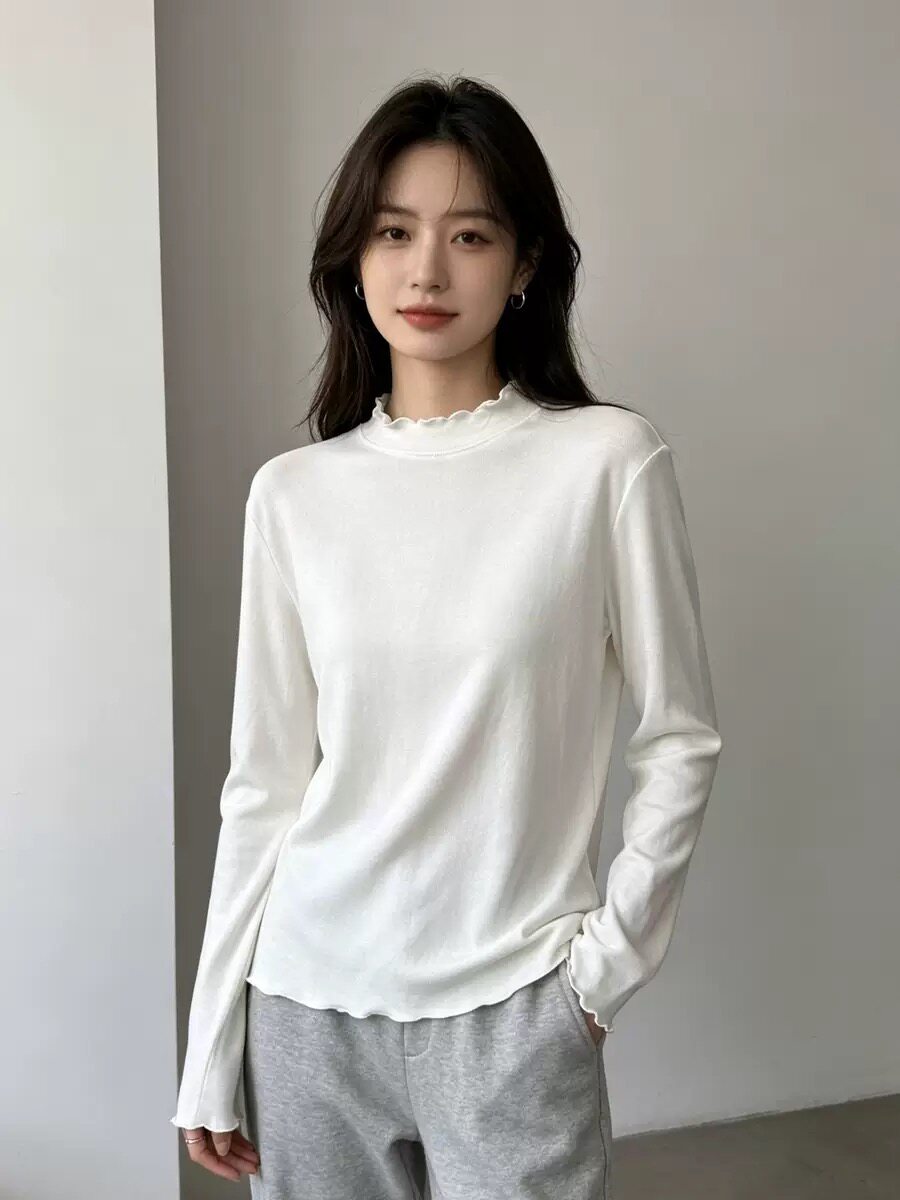 巨舒服 莱塞尔天丝半高领木耳边长袖T恤女修身显瘦内搭打底衫