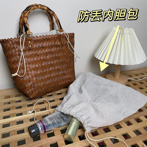 可水洗手提立体束口包ins纯色亚麻布收缩内胆包草编包防尘收纳袋