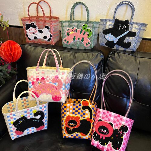 猫咪可爱卡通防水编织菜篮子包