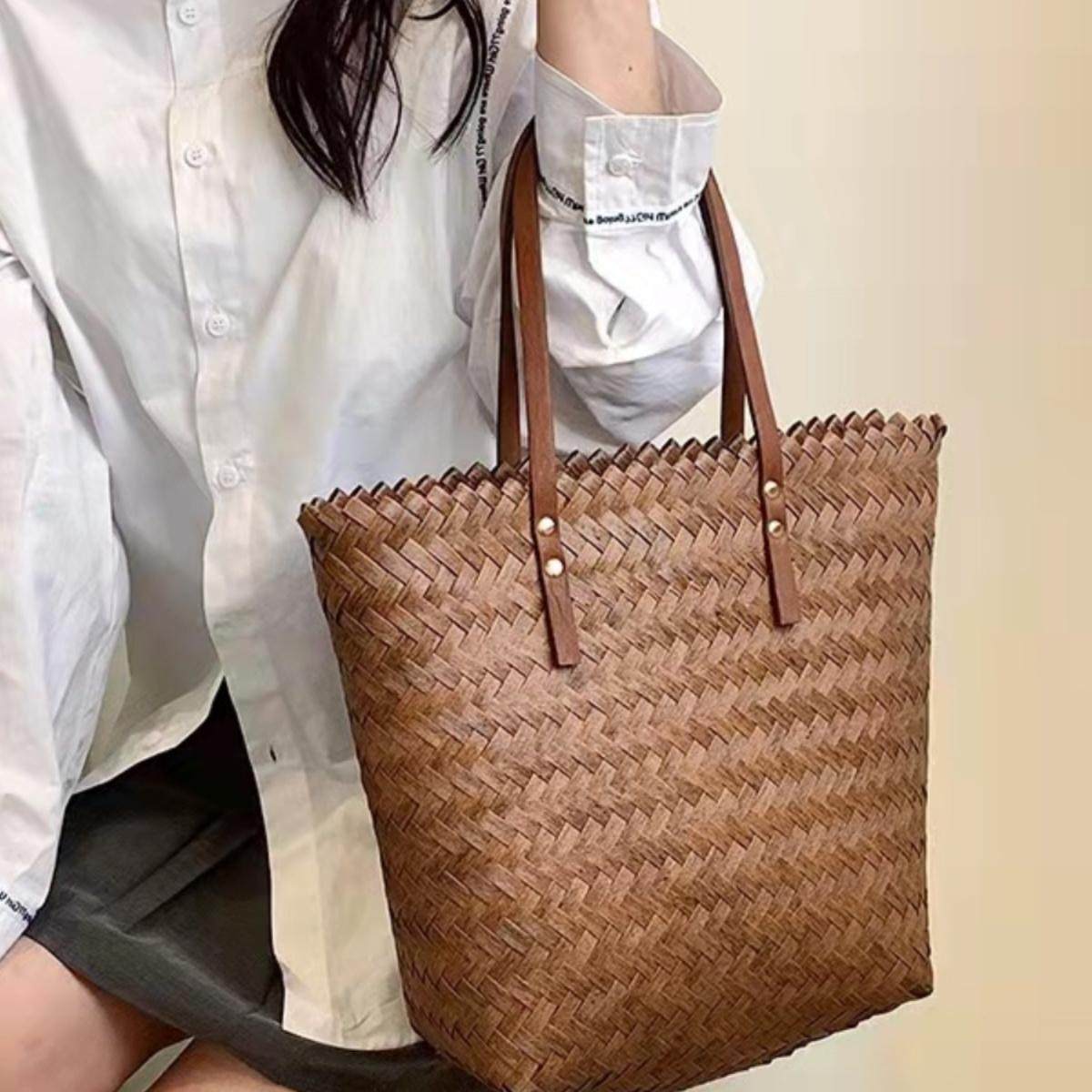竹编托特包单肩包大容量仿藤草编织包女包野餐篮伴手礼菜篮子,箱包皮具/热销女包/男包,通用款女包,淘宝优惠券,粉丝福利购,淘宝优惠卷