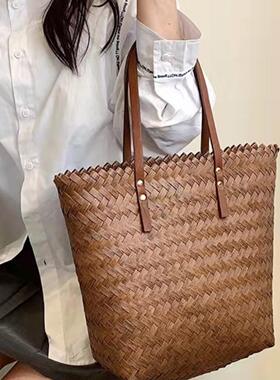 竹编托特包单肩包大容量仿藤草编织包女包野餐篮伴手礼菜篮子