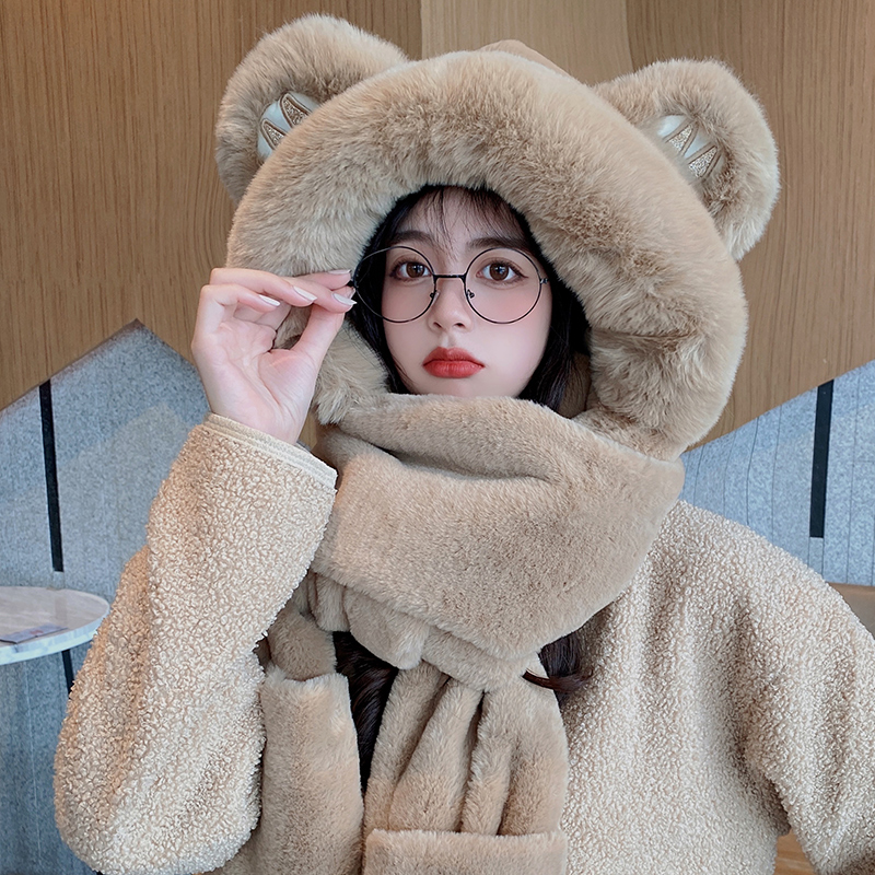 毛绒保暖帽子女秋冬防风防寒帽子围巾一体加厚手套围脖骑车三件套