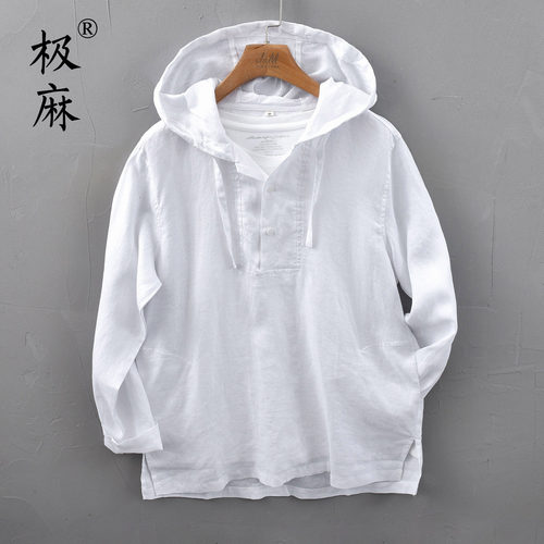 日系清新休闲连帽亚麻卫衣
