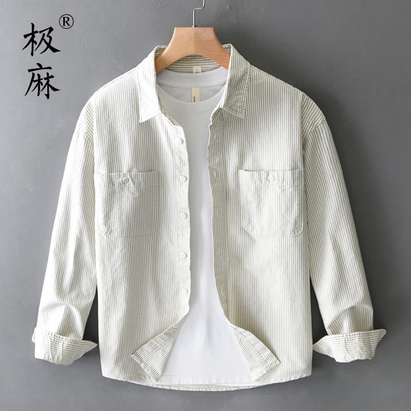 极麻清新基础条纹文艺长袖衬衫男士日系休闲百搭青年宽松纯棉衬衣