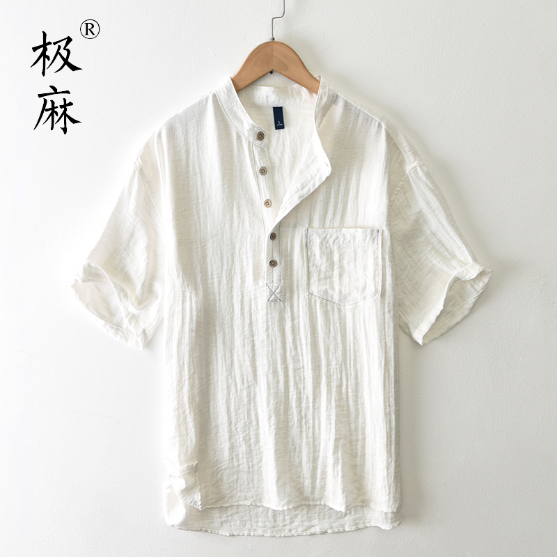 极麻日系立领套头短袖棉麻衬衫男士夏季基础休闲大码宽松亚麻衬衣