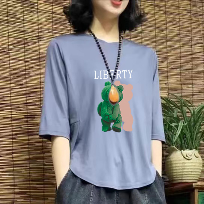 纯棉短袖T恤女中袖妈妈装2025夏装新款时尚宽松印花中袖外穿上衣 - 小丸子时尚定制女装出品