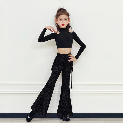 康尼拉丁舞服女儿童练功服舞蹈套装长袖短上衣绑带抽绳微喇叭裙裤