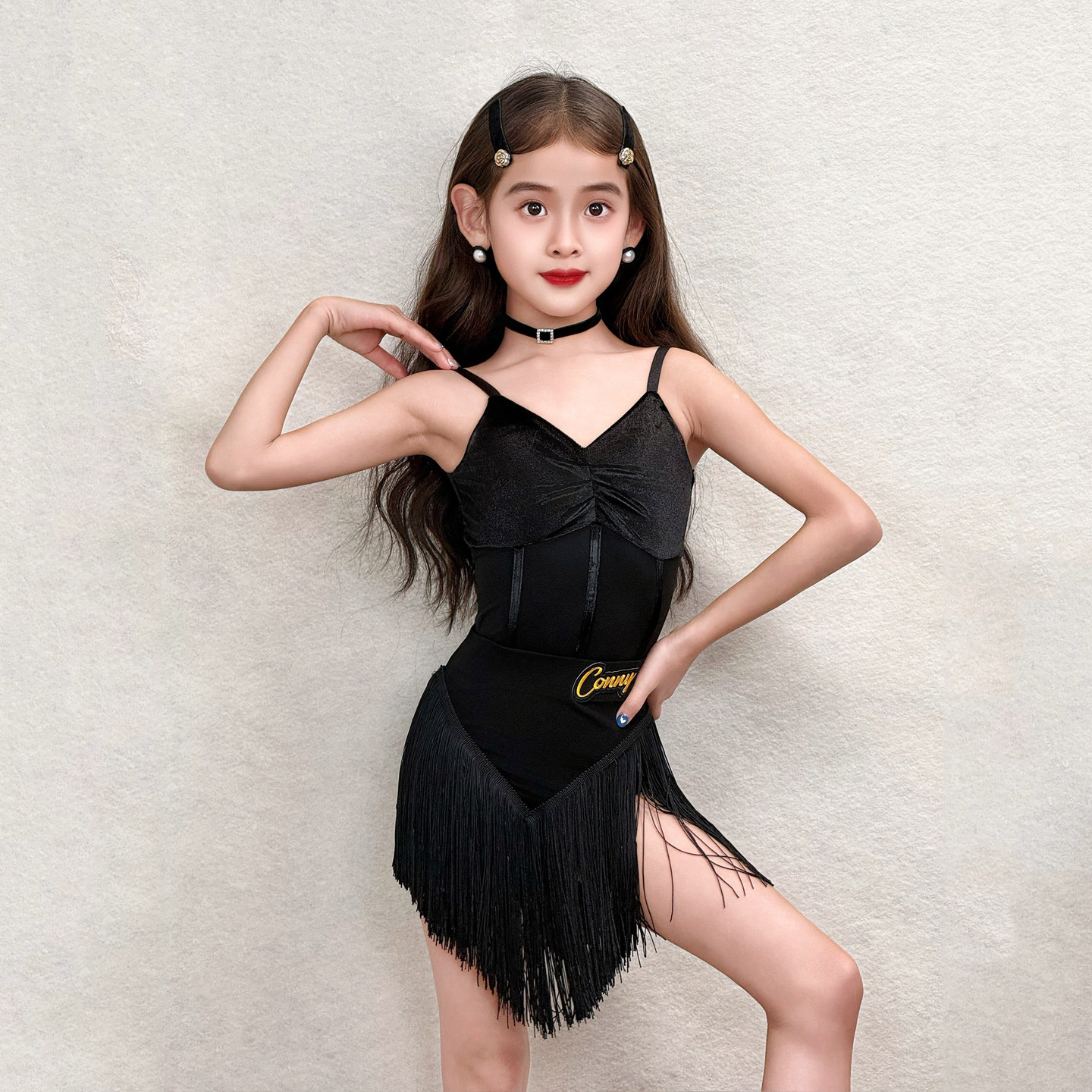 康尼少儿拉丁舞服吊带连体衣流苏半裙套装女童舞蹈练功表演出服夏