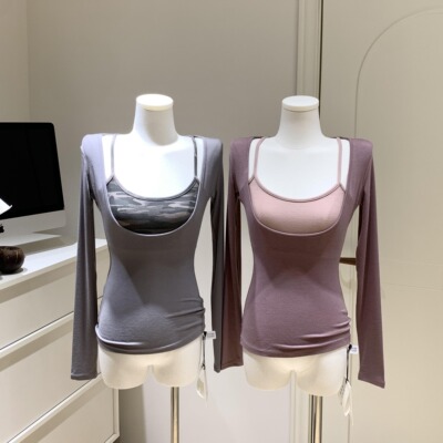 拼色V领假两件内搭T恤