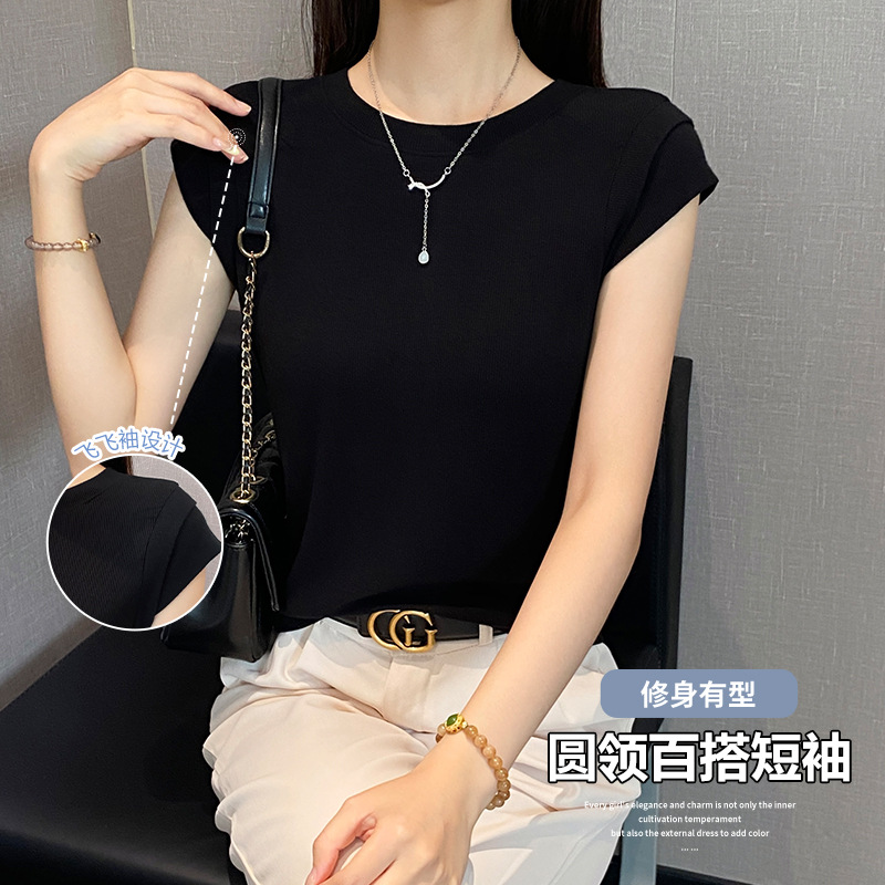 高级纯棉螺纹圆领小飞袖T恤女夏季修身打底衫百搭显瘦短袖上衣潮