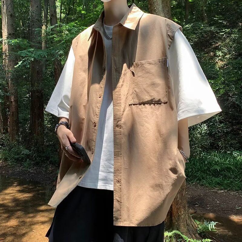 夏季薄款假两件工装短袖衬衫男