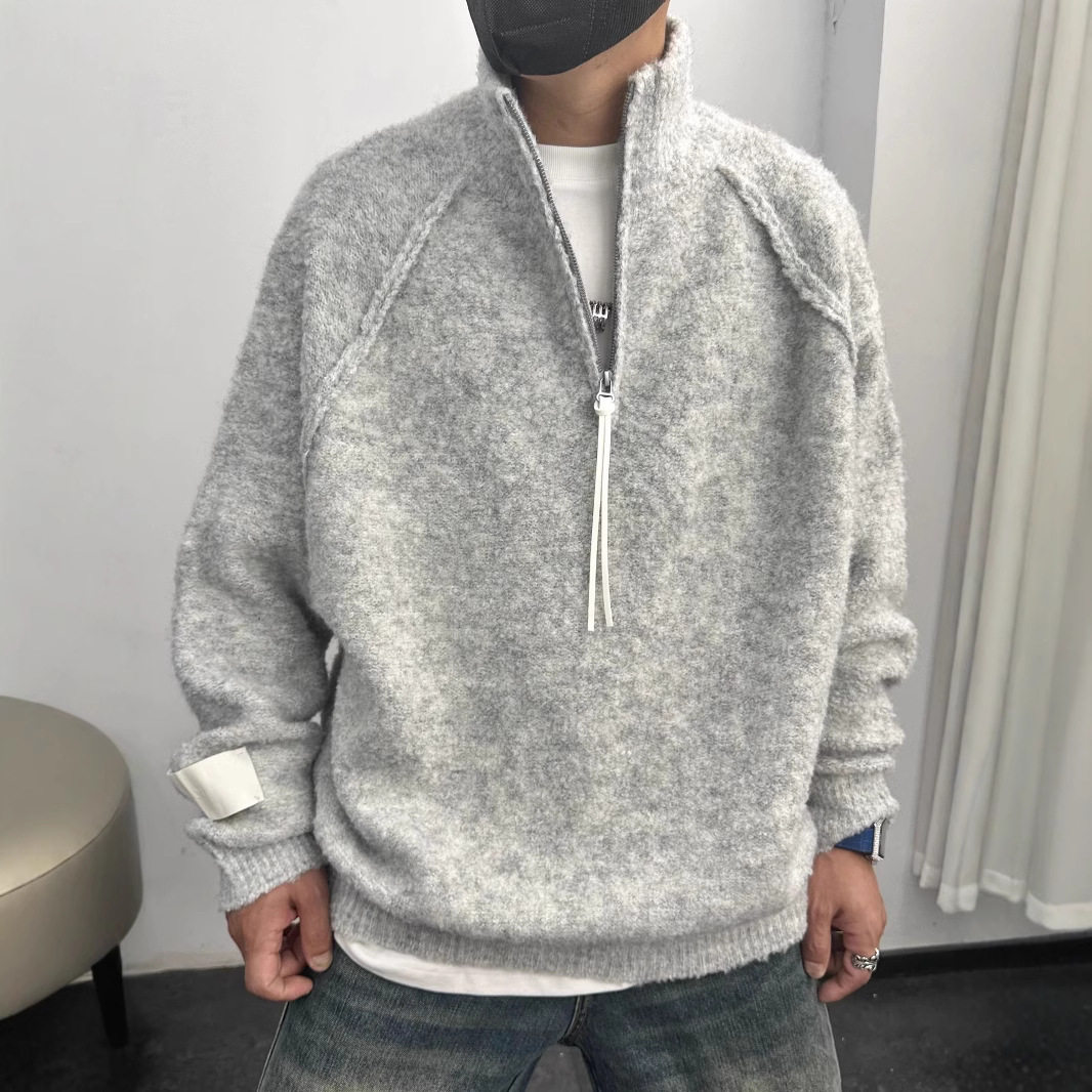 浅灰圈圈纱男士立领拉链开衫