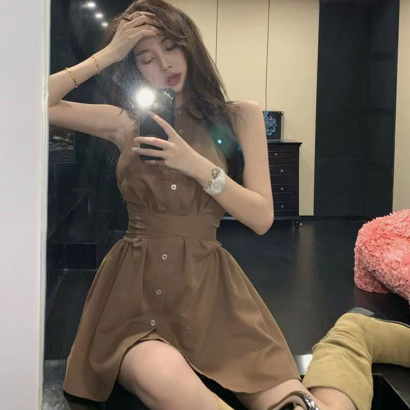 法式辣妹衬衫挂脖连衣裙