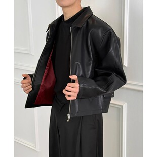 美式 pu皮夹克 复古高级感Cleanfit短宽可拉红内里皮衣外套男春秋季