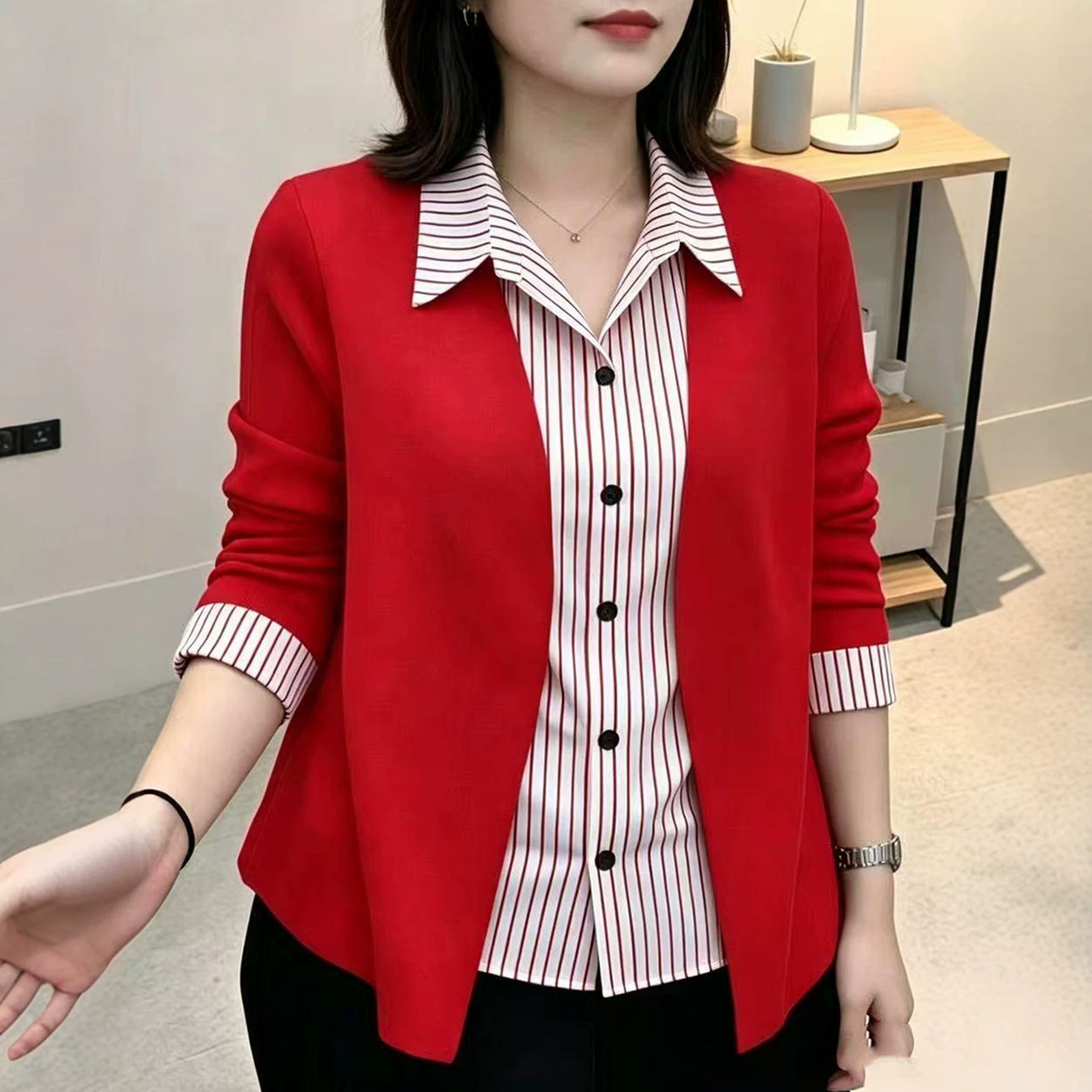 秋季复古拼接假两件翻领开衫女