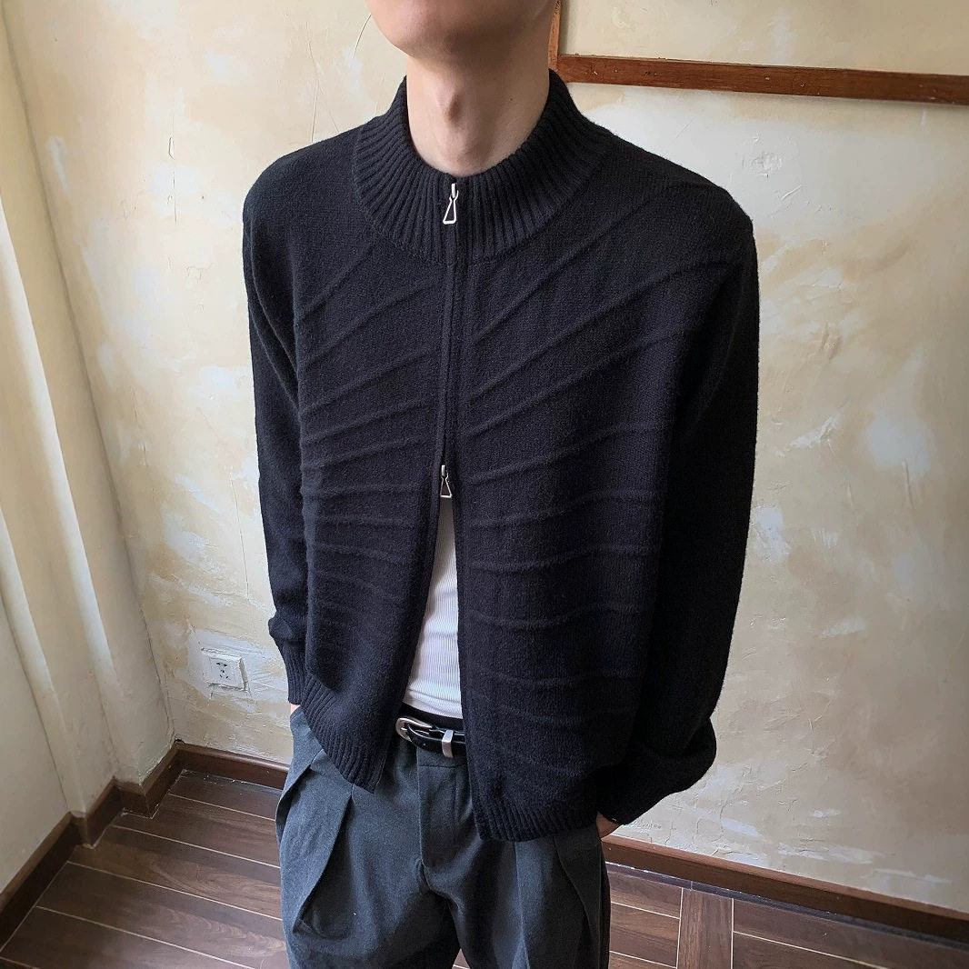 春秋冬新款宽松立领肌理针织开衫