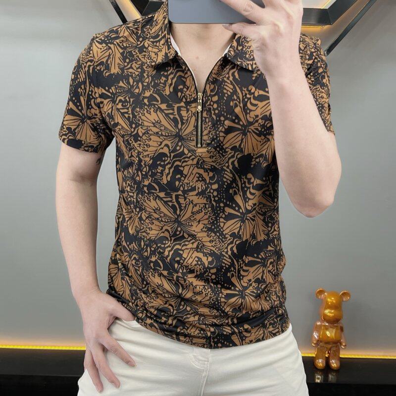 夏季男士半拉链碎花短袖POLO衫