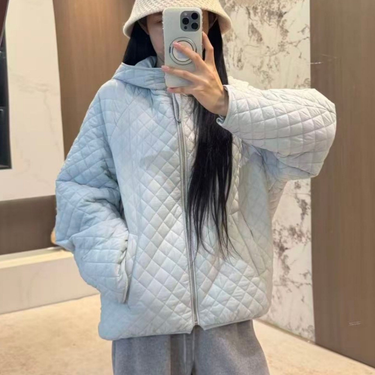 菱格连帽轻薄短款保暖棉服女冬