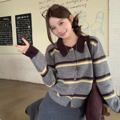 秋冬复古条纹翻领早春气质针织开衫长袖女毛衣打底上衣【包芯纱】