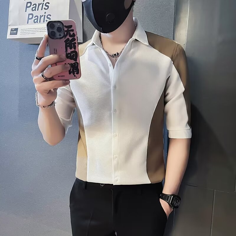 夏季男士修身条纹拼接中袖衬衫