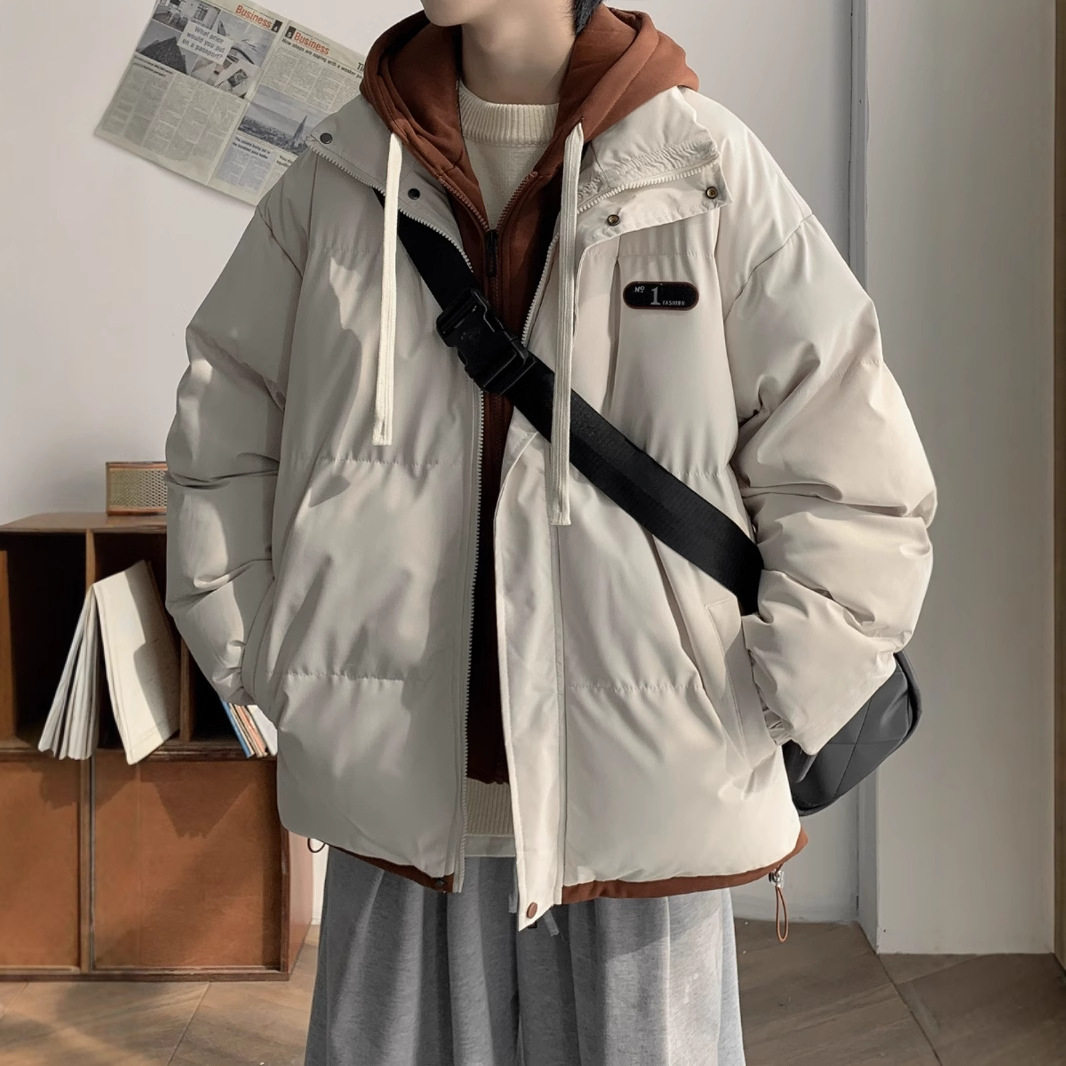 冬季男士假两件加厚保暖连帽棉服
