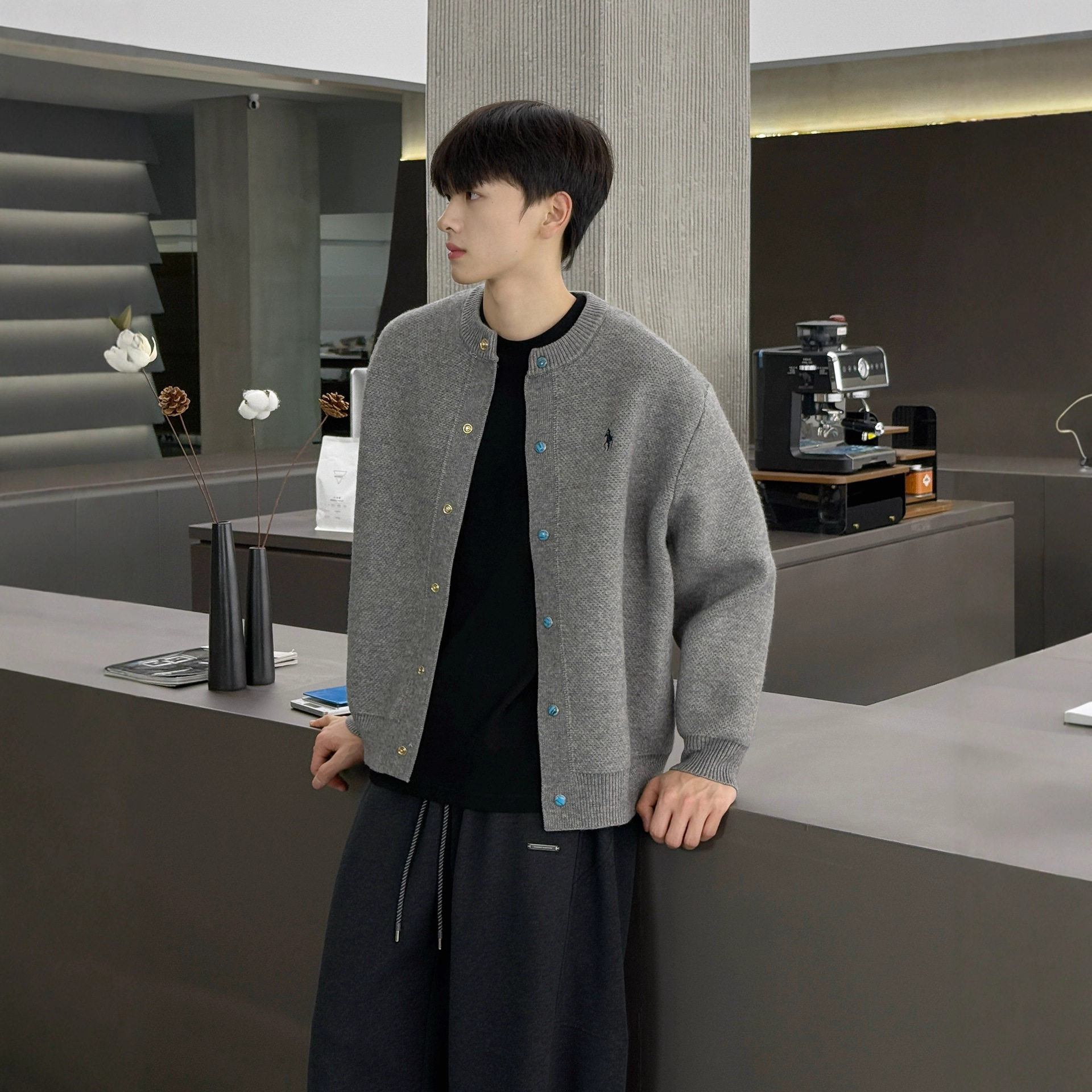 绿松石港风春秋针织开衫男