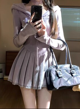 SYJ/舒衣家 胖mm法式甜辣妹连帽紫色连衣裙设计感掐腰显瘦a字短裙