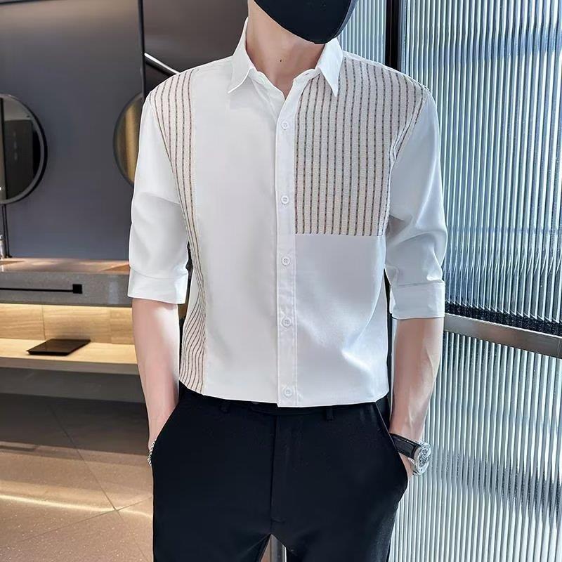 春季男士七分袖拼色设计感衬衫