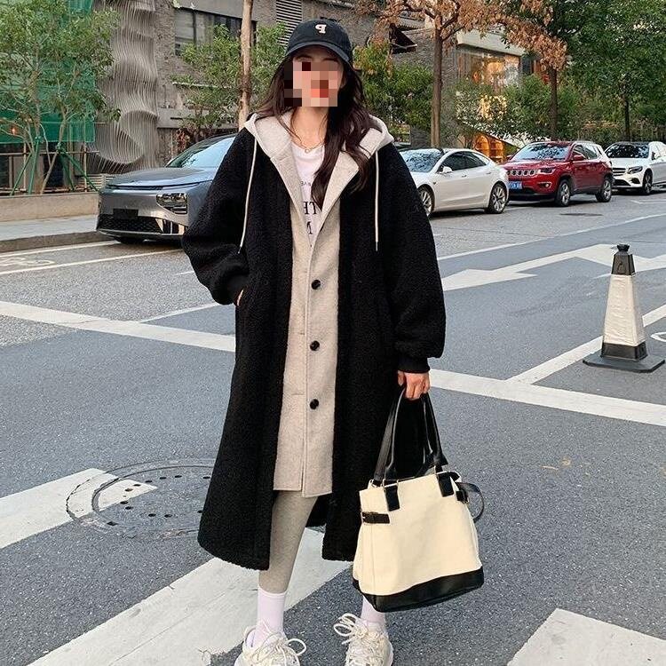 秋冬连帽羊羔毛加厚宽松卫衣女