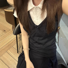 气质小个子韩系学院风一整套穿搭黑色背心连衣裙女学生+内搭衬衫