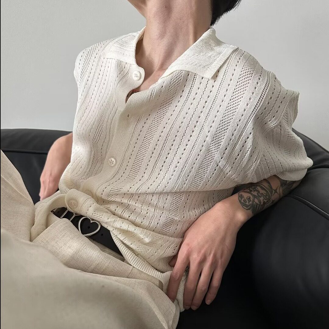 美式复古镂空翻领短袖针织开衫男