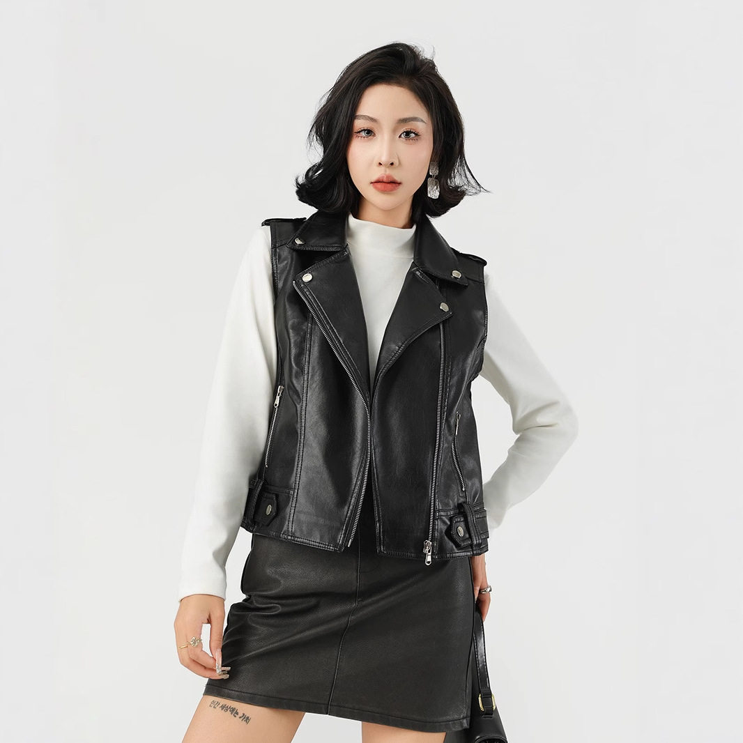 女短款机车皮夹克马甲小个子
