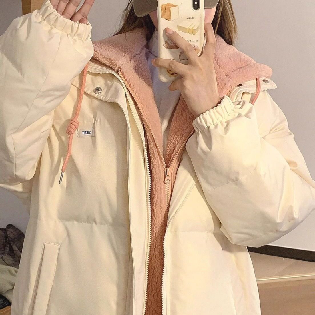 女冬季假两件羊羔毛连帽棉服
