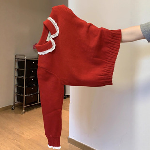 打底长袖 毛衣设计感蕾丝边娃娃领北极绒针织衫 红色女装 本命年时尚