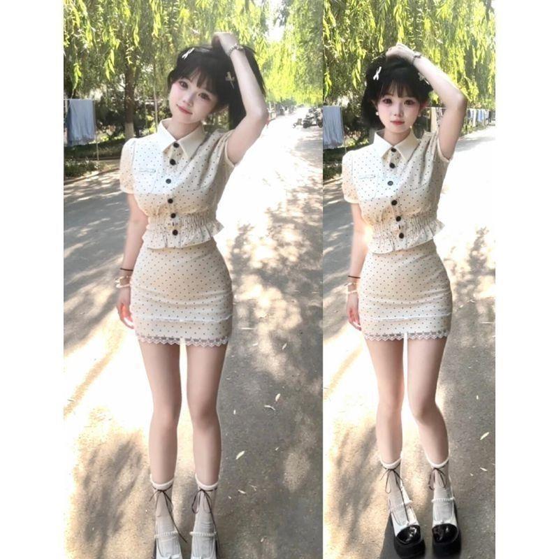 韩系学院风波点套装女夏季甜美短款翻领娃娃衫高腰半身短裙两件套