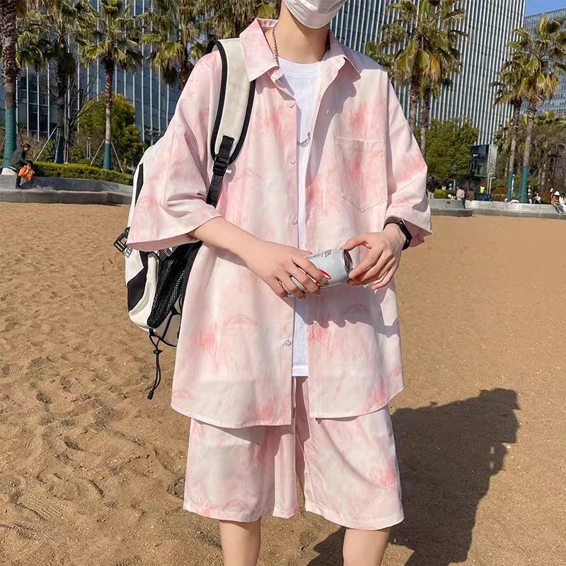 夏威夷冰丝短袖大码男海边套装