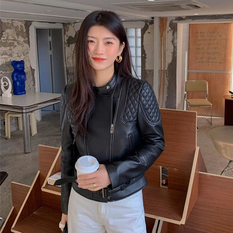 早秋女菱格显瘦机车皮衣夹克