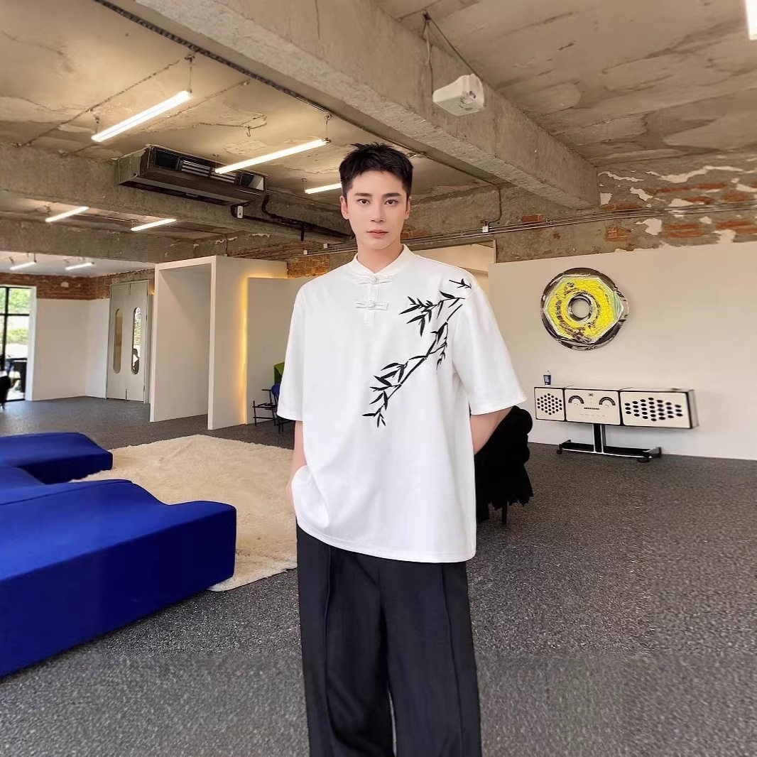 夏季新中式盘扣竹刺绣短袖T恤男