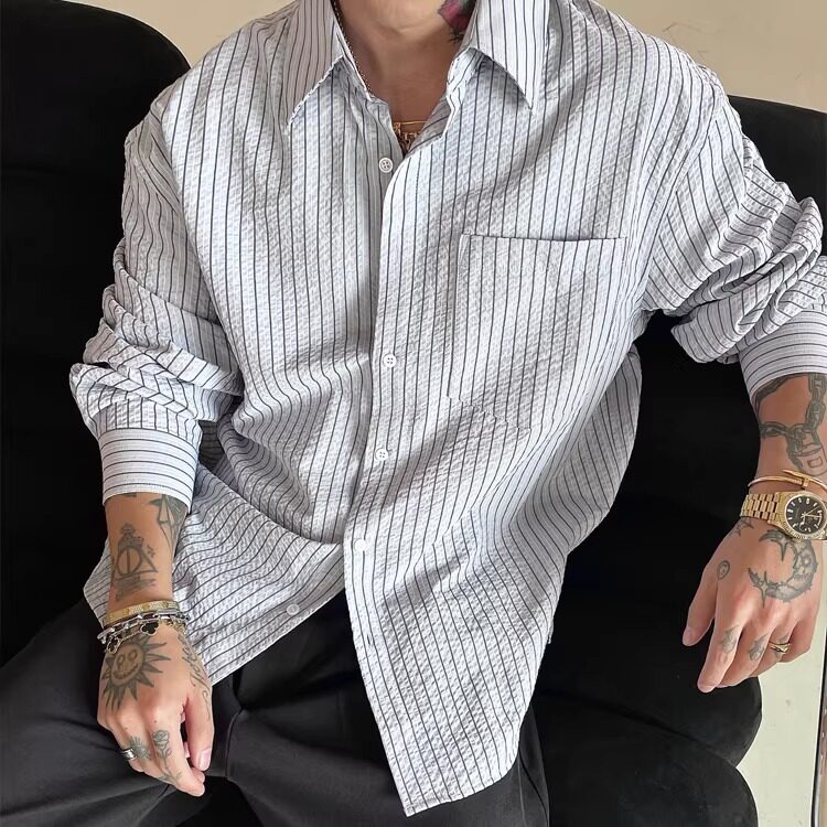春秋条纹泡泡纱薄款长袖衬衫男