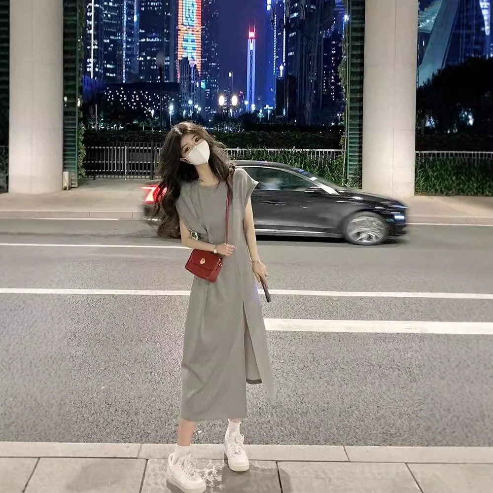 小个子法式夏季收腰开叉连衣裙