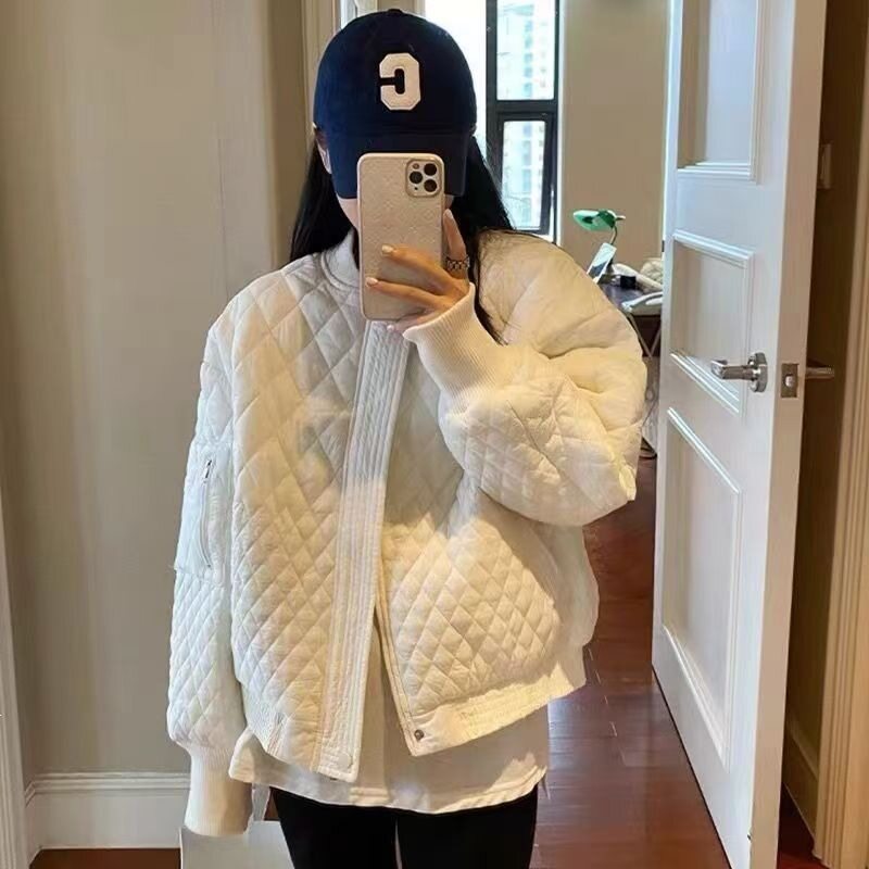 美式轻薄菱格短款夹棉女棉服