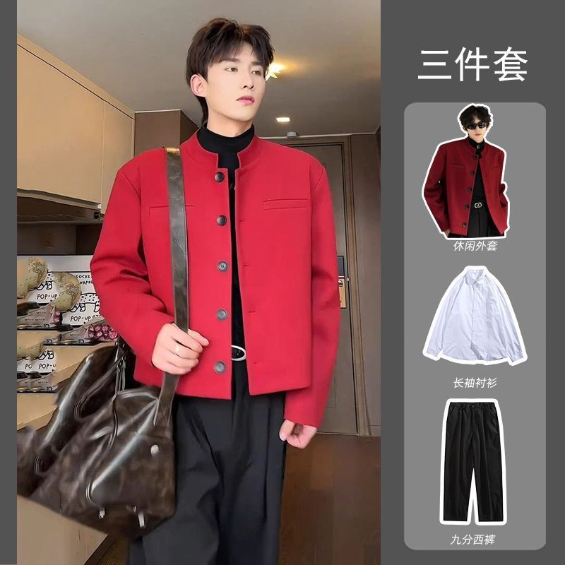 春款男士立领短款垫肩西服套装