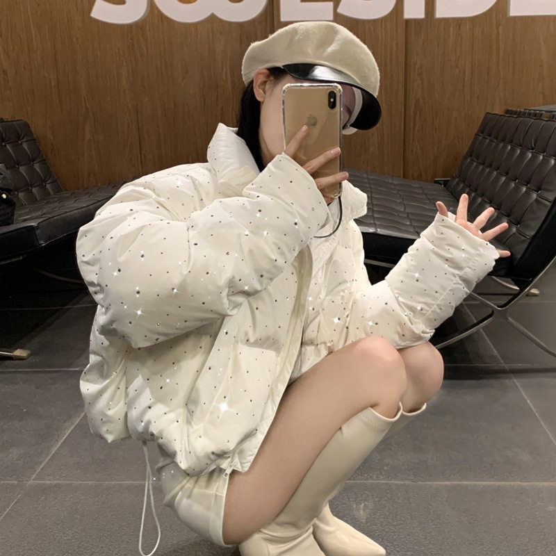 网红同款烫钻加厚短款羽绒棉服女