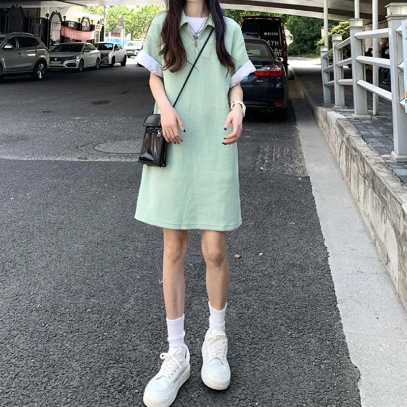日系薄荷绿华夫格POLO领连衣裙